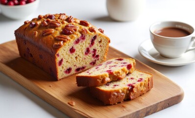 Fresh cranberry bread on wooden board