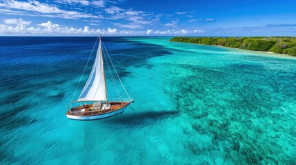 Obraz premium Sailing Yacht on Turquoise Ocean with Tropical Landscape