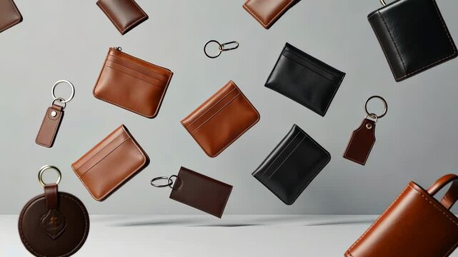 A collection of wallets and keychains are shown in the air. The wallets are brown and black, and the keychains are silver and gold
