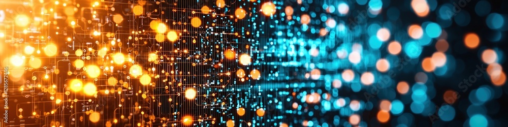 Poster Abstract digital network data flow glowing with orange and blue light Futuristic technology background