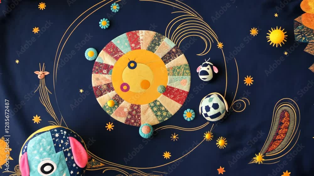 Poster a blue and yellow quilt with a sun and planets on it. there are also some small toys on the table