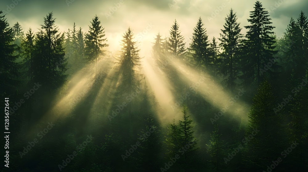 Poster serene and atmospheric image of a misty pine forest at dawn with soft golden light breaking through 
