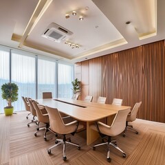 Fototapeta premium Beige and wooden meeting room interior