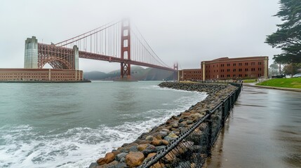 Fototapeta premium Early morning fog blankets the iconic Golden Gate Bridge in San Francisco, creating a surreal and picturesque scene.