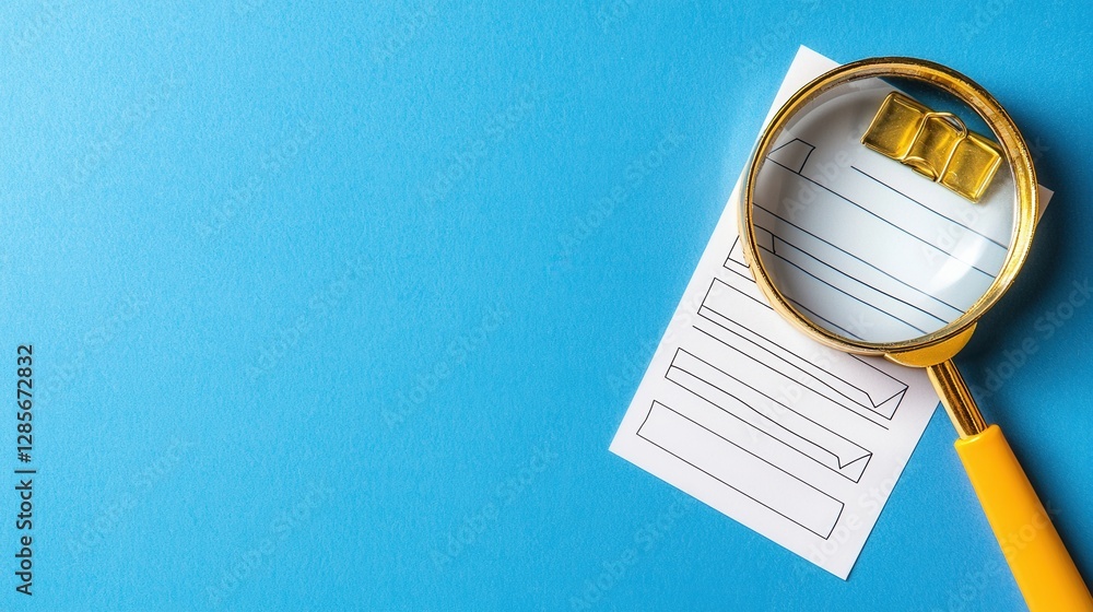 Poster magnifying glass on office document highlighting research analysis and problem solving process