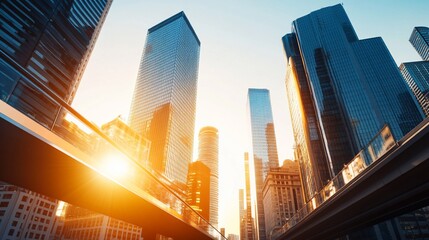 Fototapeta premium Cityscape sunset, skyscrapers, urban, business