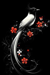 A bird sitting on a branch with red flowers