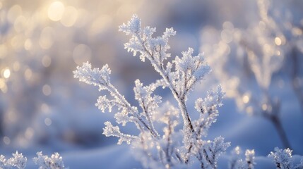 Naklejka premium Ice crystals dance on plants in winter's embrace, painting a frosted landscape. Close-up, the patterns resemble tiny snowflakes, creating a magical scene.