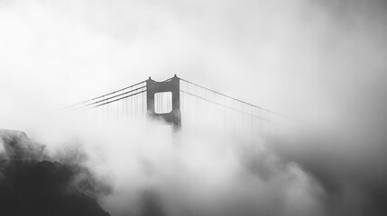 Naklejka premium Iconic Golden Gate Bridge shrouded in mist after dawn in San Francisco.