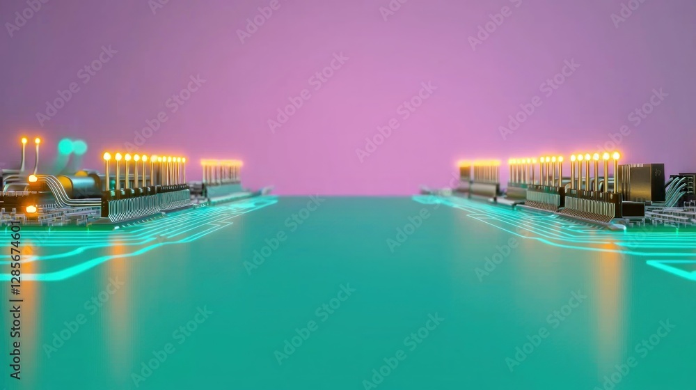 Poster Vibrant Circuit Board with Lights and Reflection on a Soft Surface
