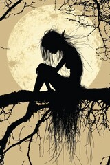 A silhouette of a woman sitting on a tree branch in front of a full moon
