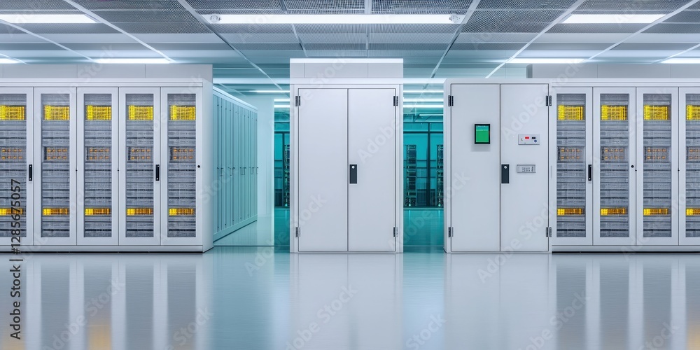 Poster modern data center interior with server racks and control panels