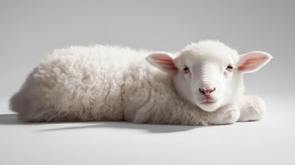 Fototapeta premium Fluffy white sheep on a clean white backdrop, showcasing intricate textures and features, ideal for various design projects