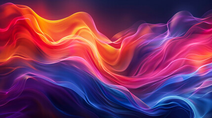 Fototapeta premium A vibrant, abstract image featuring flowing, colorful waves of light in shades of red, orange, pink, purple, and blue against a dark background.
