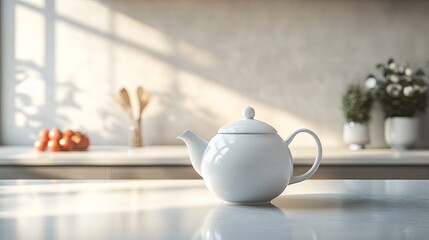 A clean ceramic teapot styled on a sleek kitchen counter with natural lighting. background