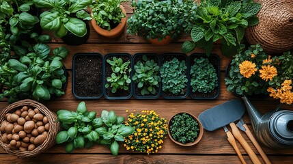 Spring gardening essentials including seedlings, flowers, a watering can, gloves, and tools arranged on a brown wood backdrop.
