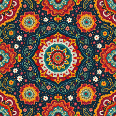 a central floral motif surrounded by symmetrical designs in shades of red, orange, yellow, green, blue, and white, with scattered flowers and leaves throughout.