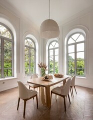 White dining room interior with arched windows