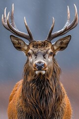 A red deer with large antlers standing in the rain