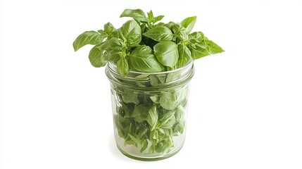 A clean display of fresh basil leaves styled in a small glass jar. background