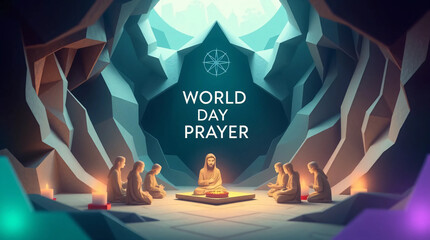 Intricate Origami-Style World Day of Prayer Illustration in Mystic, Dreamlike Atmosphere with Gentle Contrasts