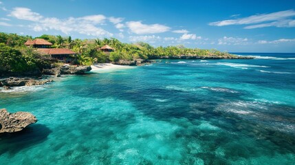 Fototapeta premium Stunning view of the tropical ocean, with turquoise waters and gentle waves. A bright and sunny summer wallpaper that captures the beauty of the seaside.