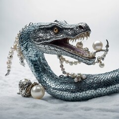 A glimmering sea serpent examining a pearl from its treasure trove against a pure white backdrop.