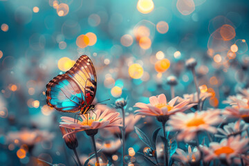 A butterfly with vibrant colors perched on delicate flowers, surrounded by soft bokeh lights, creates an enchanting and dreamy atmosphere.