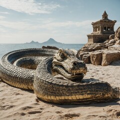 A wary sea serpent resting beside ancient relics and gold, illuminated beautifully on a blank white background.