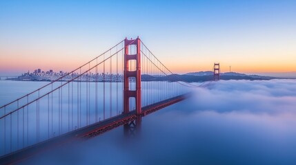 Obraz premium The Golden Gate Bridge, one of the most iconic bridges in the world, is beautifully framed by a layer of fog after sunrise in San Francisco.