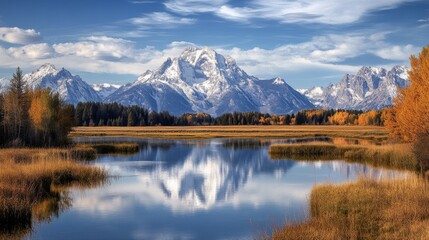 Obraz premium The Grand Teton National Park features stunning mountain views.