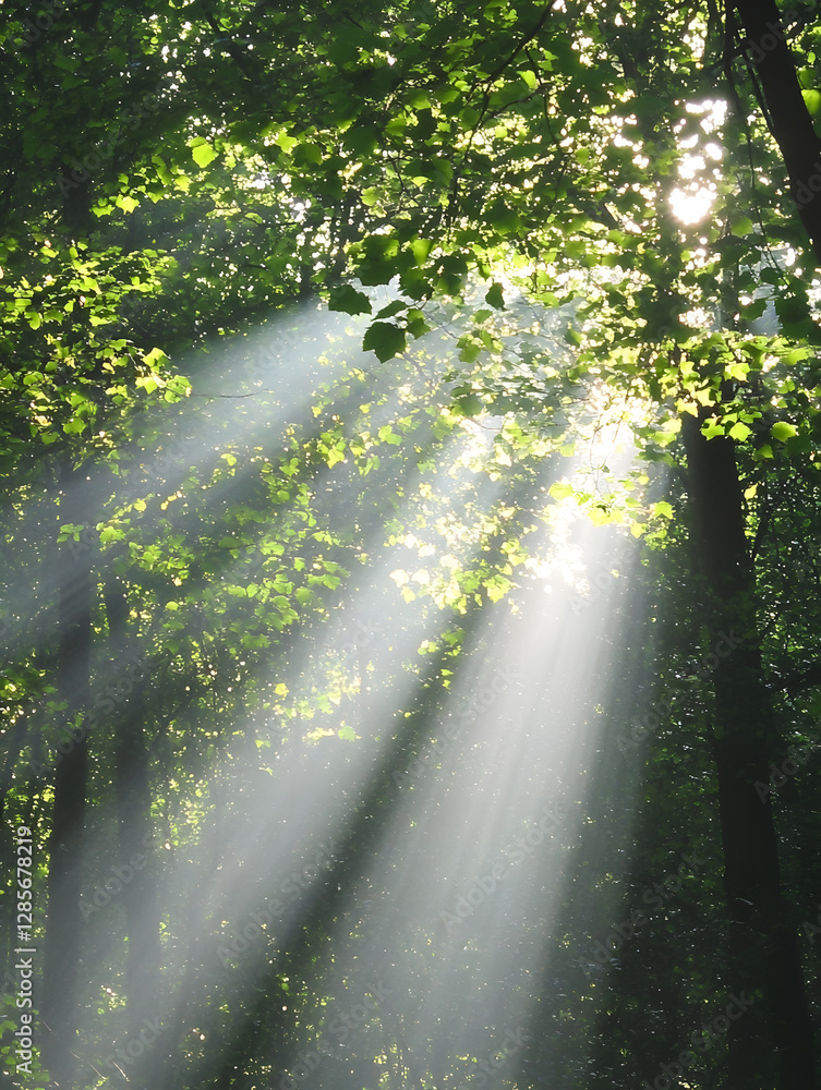Poster Sunlight Streams Through Lush Green Forest Creating Enchanting Nature Atmosphere : Generative AI