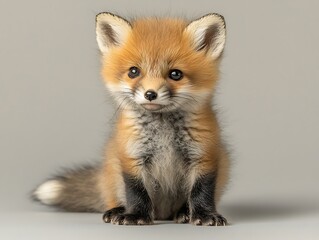 Obraz premium A small adorable red fox cub sits patiently and looks forward