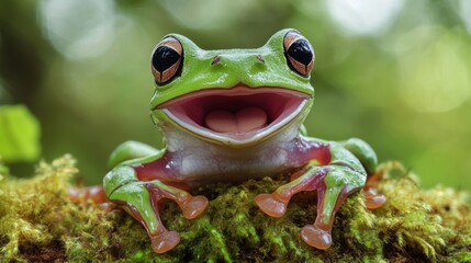 Tree frogs, like the gliding frog, look like they're laughing while sitting on moss. The flying frog is also shown in this closeup shot.
