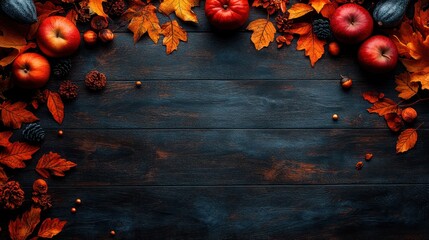 Autumnal Decor Border on Dark Wood