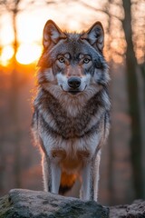 Obraz premium A wolf standing on top of a rock in the woods