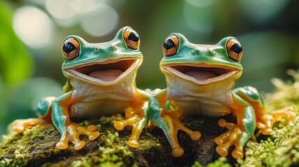 Naklejka premium Tree frogs, like the gliding frog, look like they're laughing while sitting on moss. The flying frog is also shown in this closeup shot.