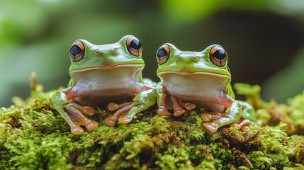 Naklejka premium Tree frogs, like the gliding frog, look like they're laughing while sitting on moss. The flying frog is also shown in this closeup shot.