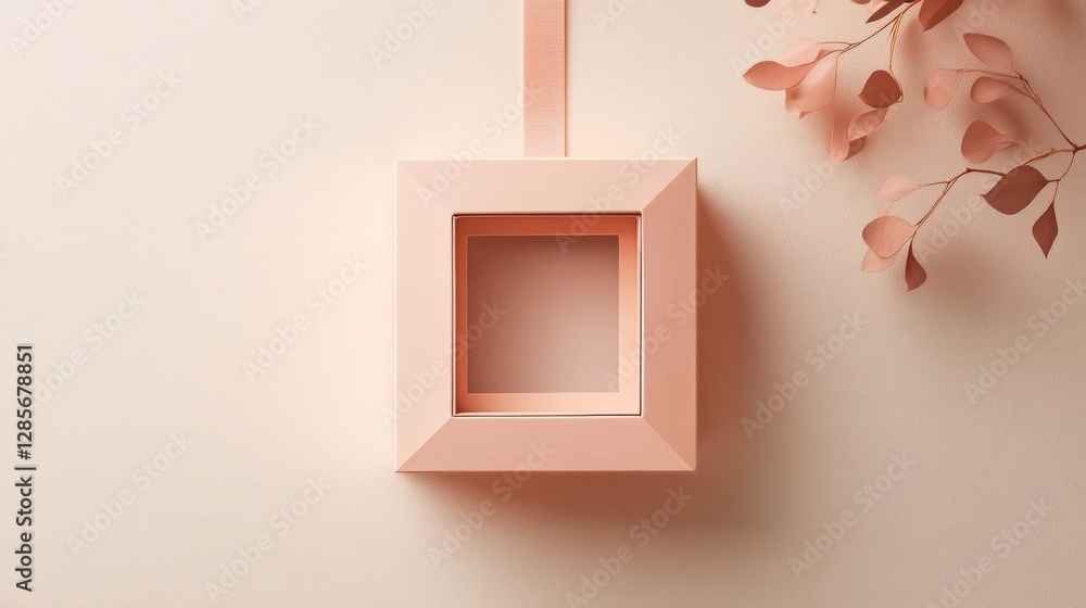 Poster hanger box in soft peach with a square clear window, clean lines and simplicity, on a white backgrou
