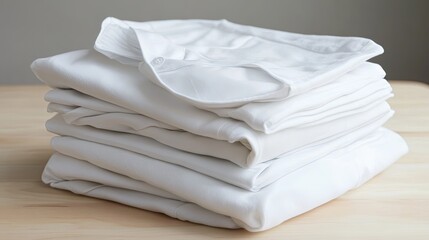 A clean, folded stack of freshly laundered white shirts styled on a light wooden table. background