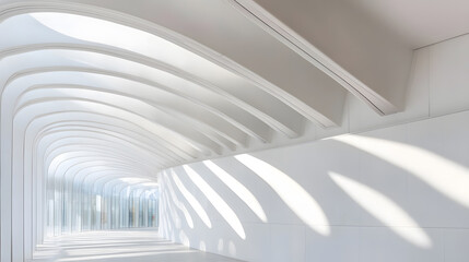 Elegant Curved Architecture in Sunlit Modern Minimalist Interior Hallway : Generative AI