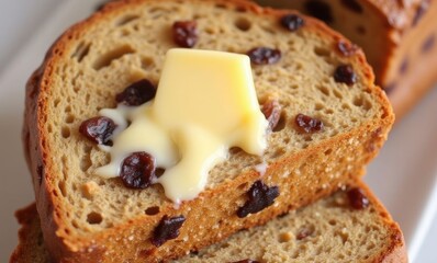 Sliced bread with butter and raisins
