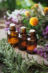 Essential Oils Bottles Surrounded by Fresh Herbs and Flowers on Rustic Wooden Table : Generative AI