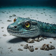 A sea serpent with iridescent scales and glowing eyes curled protectively around sunken treasure on a pure white background.