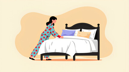 Flat Illustration of Bedroom with Person Making Bed