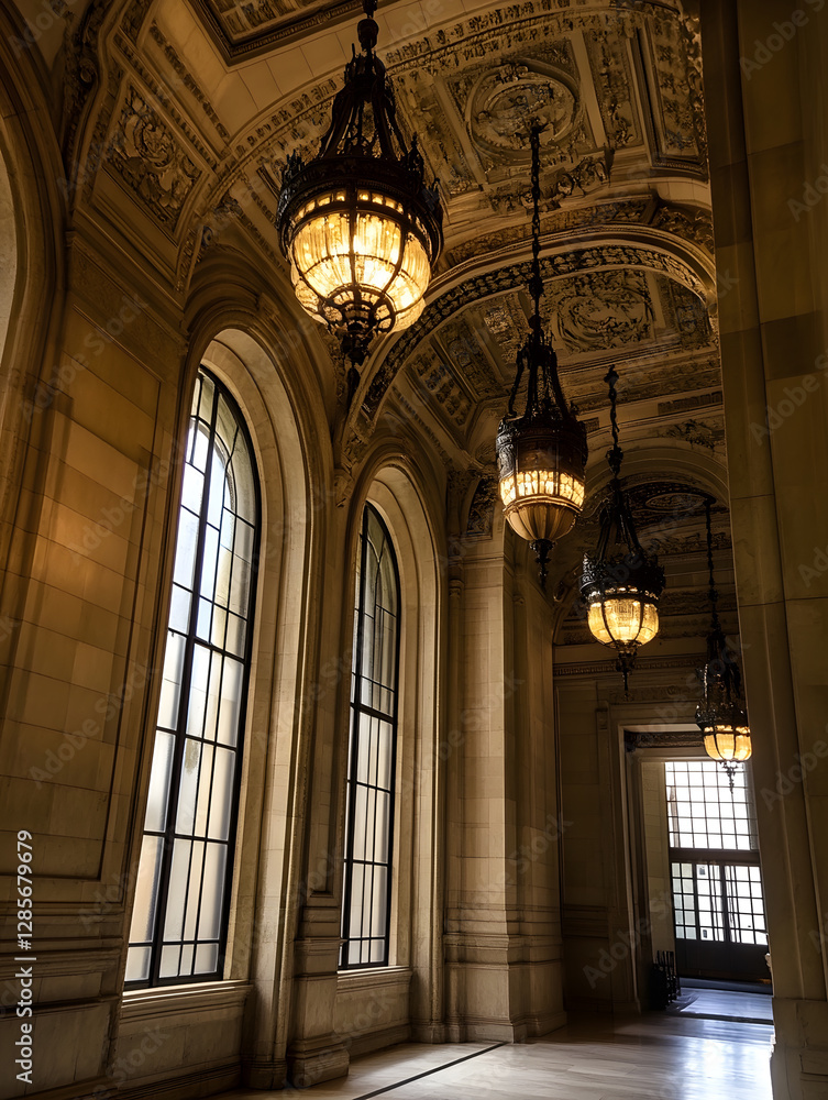 Poster luxurious historical architecture with ornate chandeliers and tall windows : generative ai