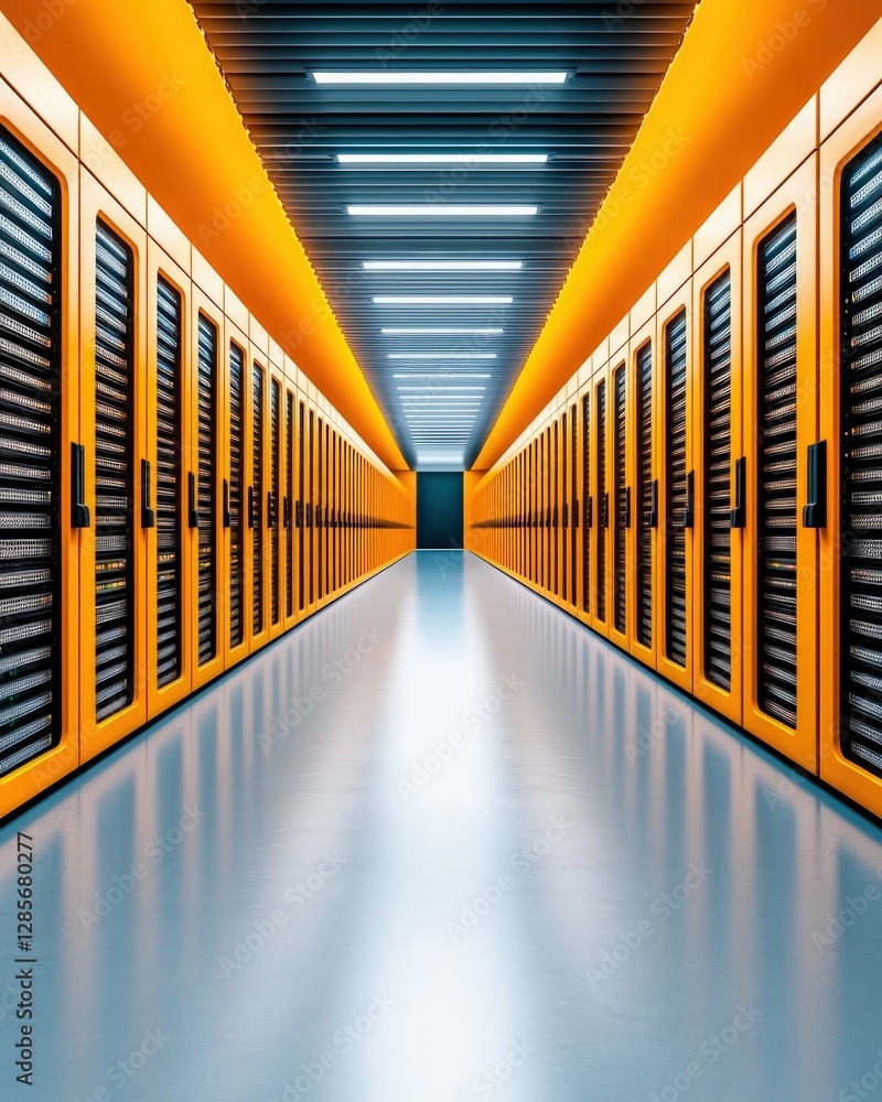 Poster modern data center server room corridor with bright orange racks and polished floors high tech infra