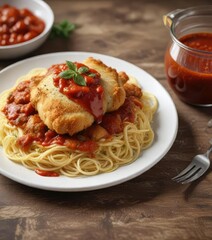 Fototapeta premium Crispy chicken parmesan on a plate with spaghetti and marinara sauce, kitchen table, food for thought