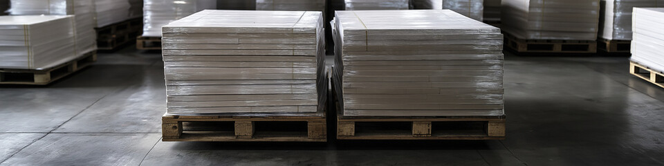 Fototapeta premium Stacks of pallets with sheets in industrial warehouse setting, showcasing organized storage and efficient logistics