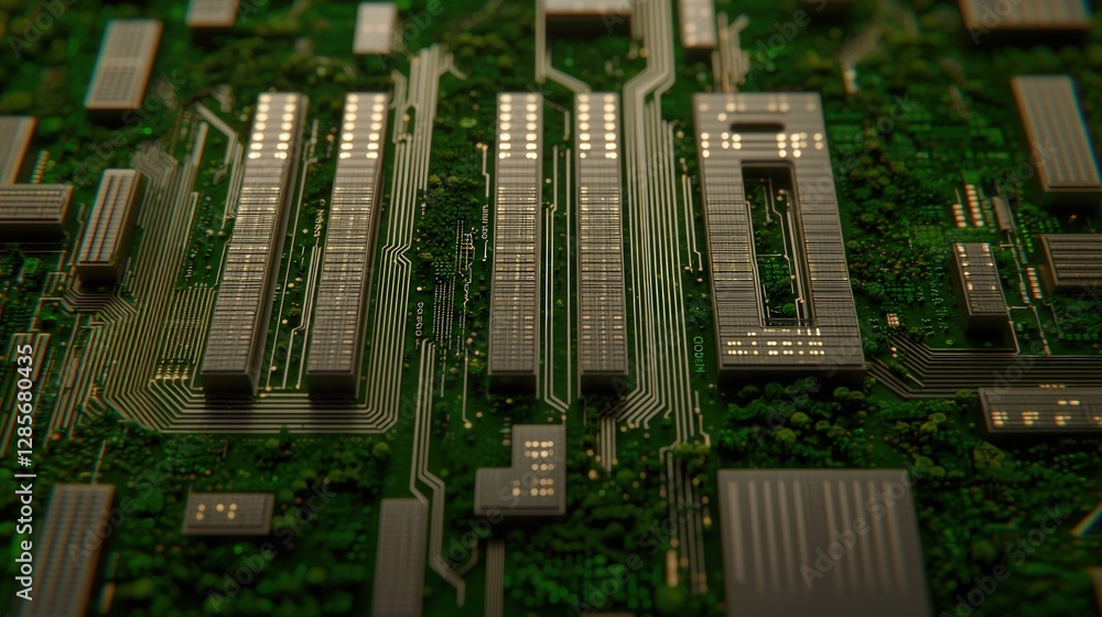 Poster Abstract Green Circuit Board Technology Background Digital Microchip Design Closeup